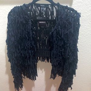 F21 Black Cardigan Fringe Sweater